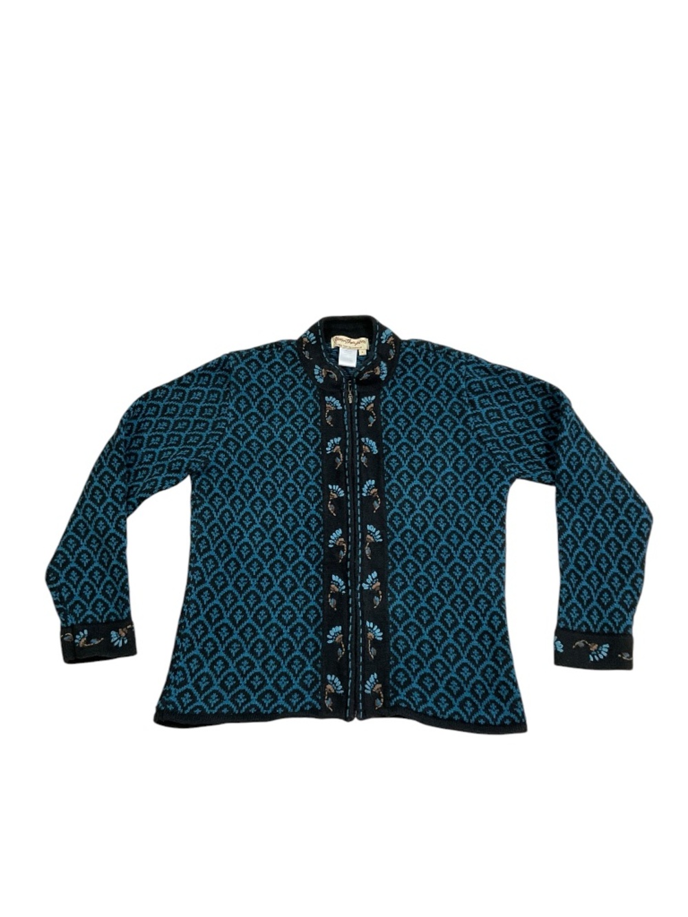 Norm Thompson Embroidered full Zip Cardigan Sweater Teal Black Large